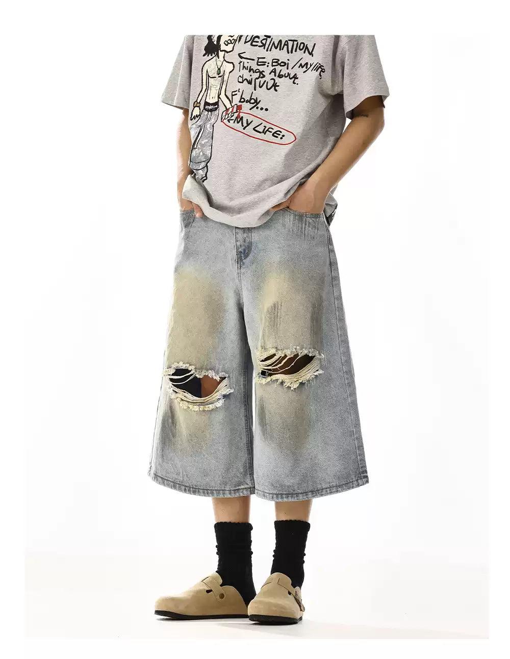 Stain Washed Ripped Denim Shorts Korean Street Fashion Shorts By MEBXX Shop Online at OH Vault