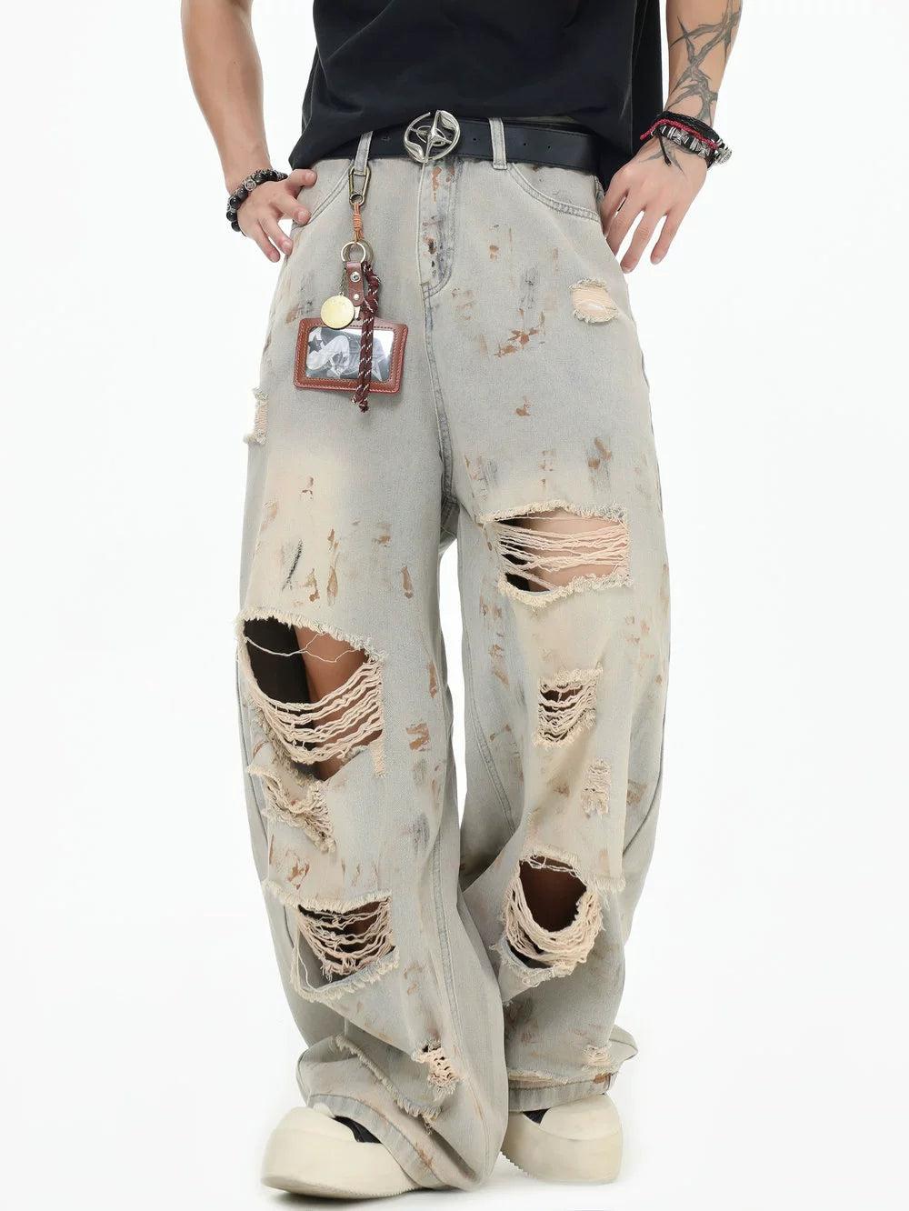 Smudged & Distressed Loose Jeans Korean Street Fashion Jeans By INS Korea Shop Online at OH Vault