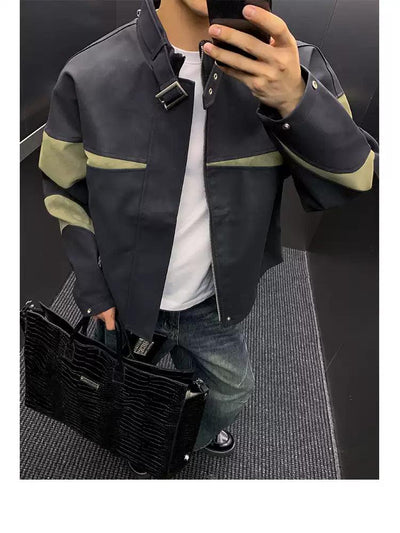 Contrast Buckled Strap Moto Jacket Korean Street Fashion Jacket By Poikilotherm Shop Online at OH Vault