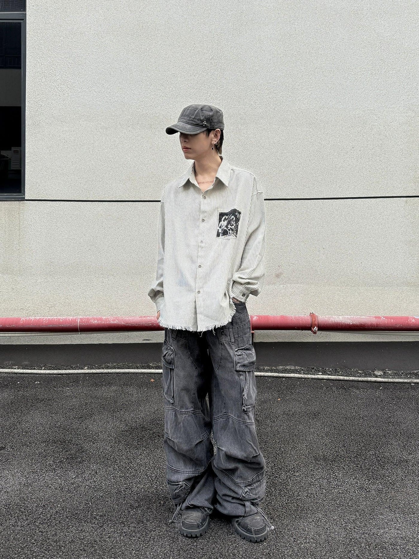 Chic Frayed & Striped L/S Shirt Korean Street Fashion Shirt By Ash Dark Shop Online at OH Vault