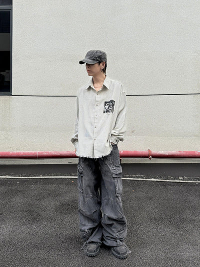 Chic Frayed & Striped L/S Shirt Korean Street Fashion Shirt By Ash Dark Shop Online at OH Vault