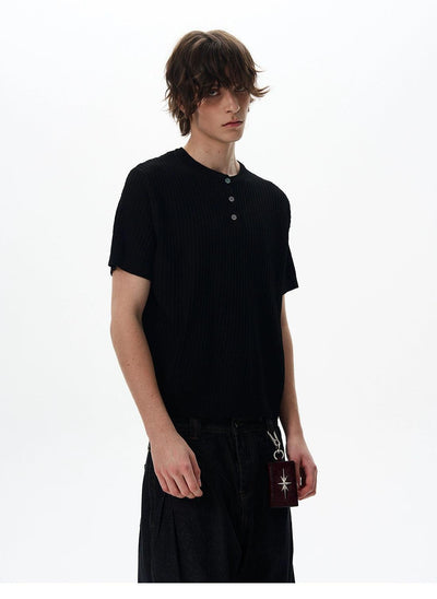 Henley Collar Ribbed Knit T-Shirt Korean Street Fashion T-Shirt By 77Flight Shop Online at OH Vault