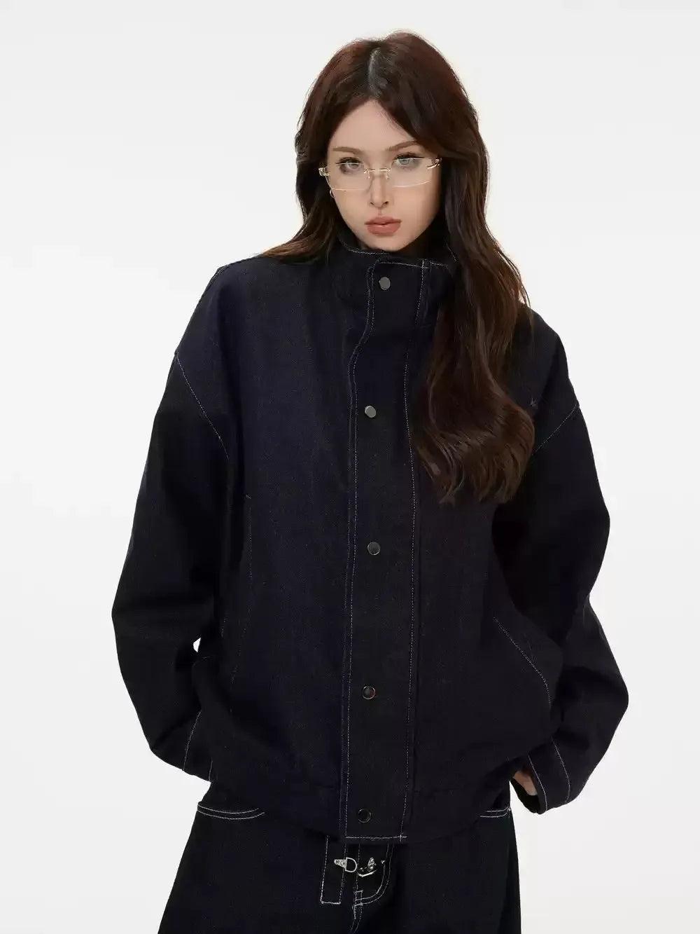 High Neck Raw Denim Jacket Korean Street Fashion Jacket By INS Korea Shop Online at OH Vault