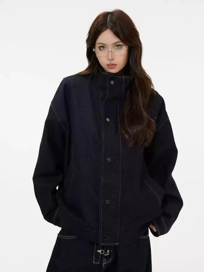 High Neck Raw Denim Jacket Korean Street Fashion Jacket By INS Korea Shop Online at OH Vault