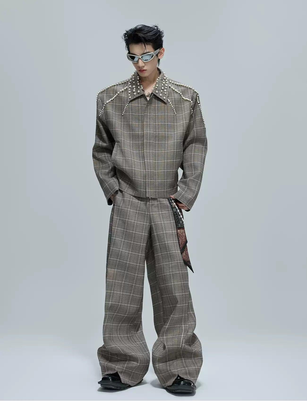 Pearled Line Checked Shirt & Wide Pants Set Korean Street Fashion Clothing Set By Argue Culture Shop Online at OH Vault