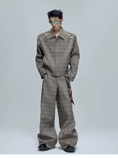 Pearled Line Checked Shirt & Wide Pants Set Korean Street Fashion Clothing Set By Argue Culture Shop Online at OH Vault