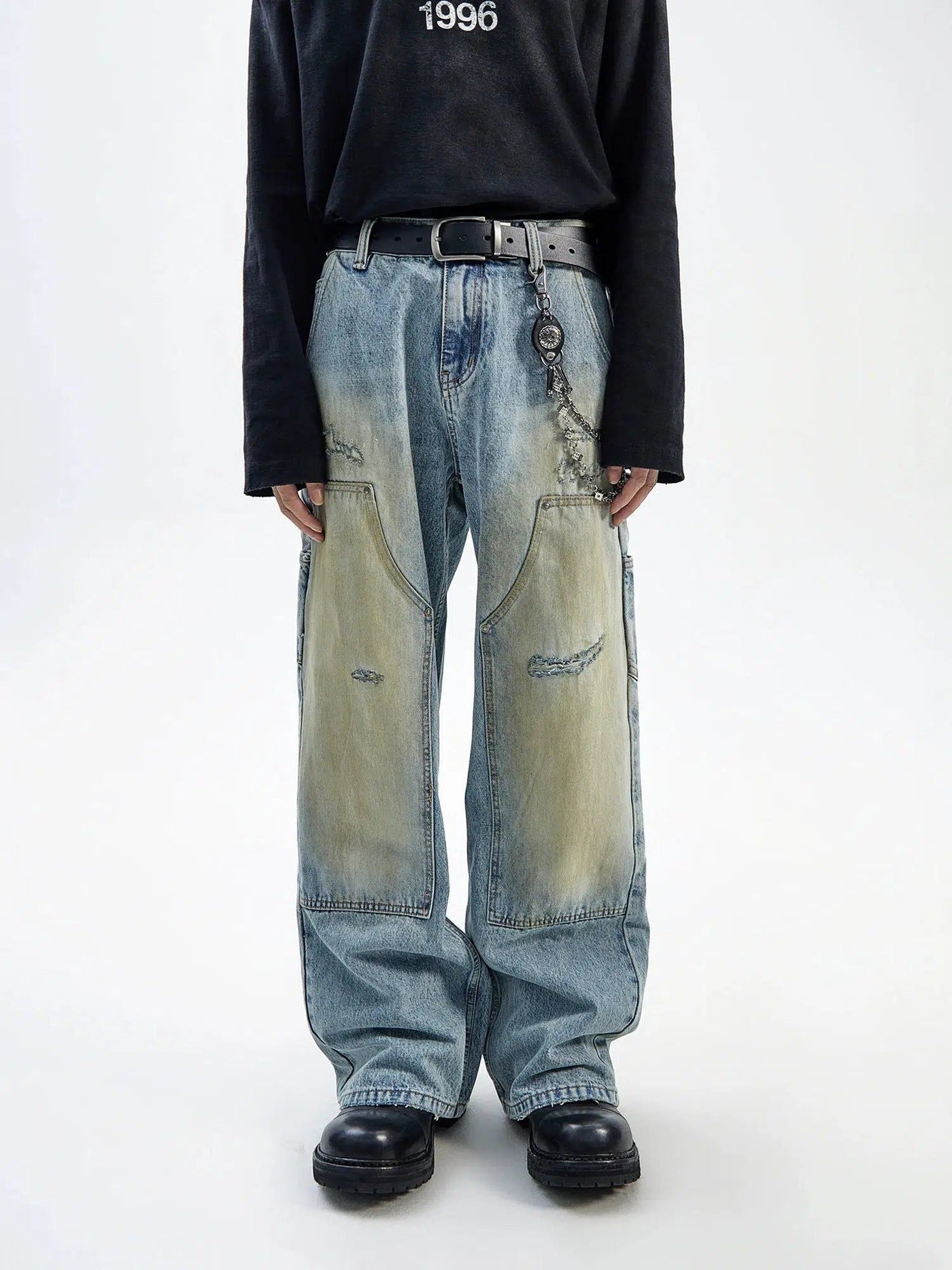 Distressed Double-Knee Flared Jeans Korean Street Fashion Jeans By Ash Dark Shop Online at OH Vault