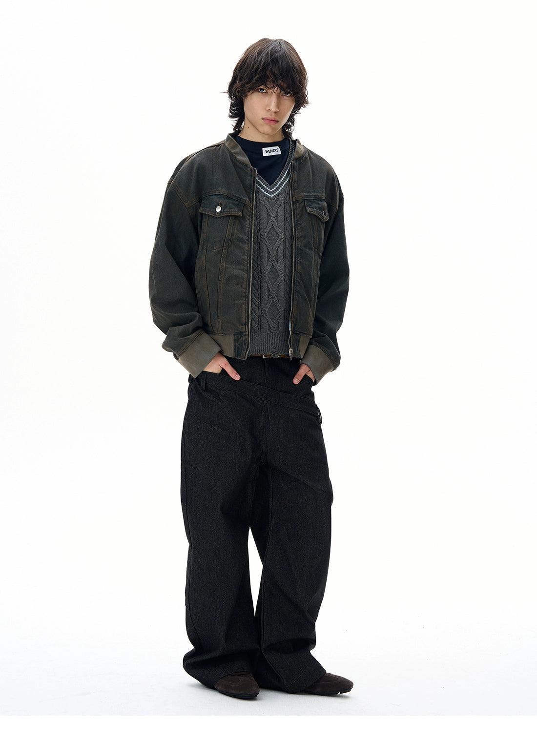 Distressed Wash Ribbed Hem Denim Jacket Korean Street Fashion Jacket By 77Flight Shop Online at OH Vault