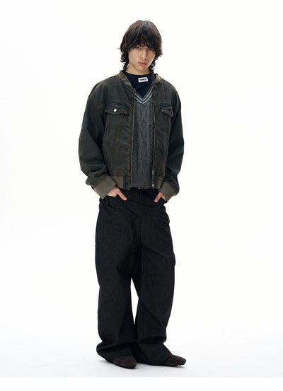 Distressed Wash Ribbed Hem Denim Jacket Korean Street Fashion Jacket By 77Flight Shop Online at OH Vault