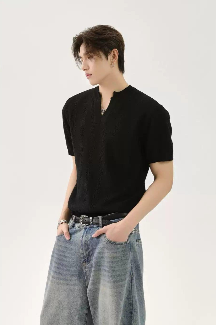 Plain V-Neck Knit T-Shirt Korean Street Fashion T-Shirt By Turn Tide Shop Online at OH Vault