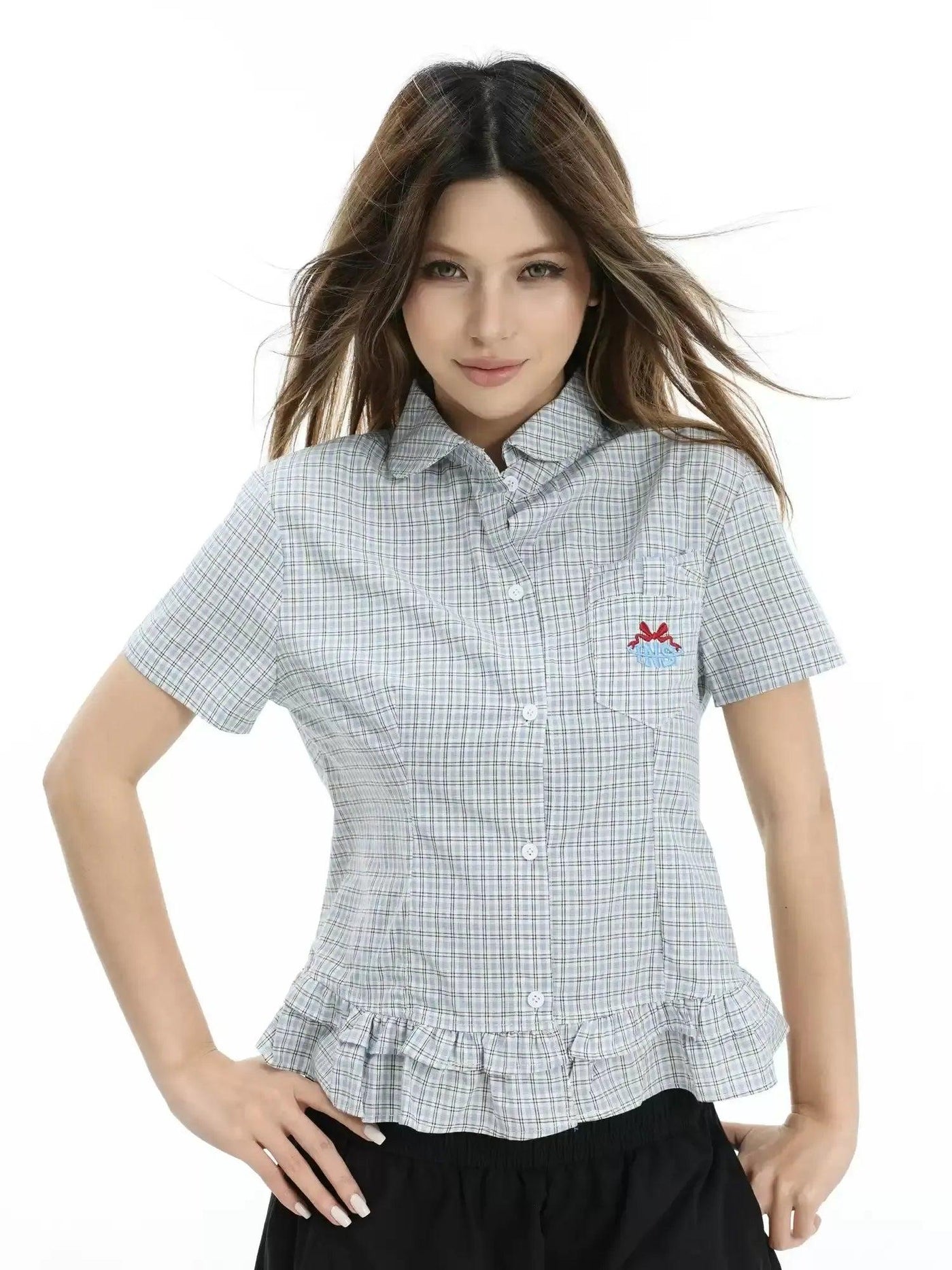 Checkered Ruffles End Shirt Korean Street Fashion Shirt By INS Korea Shop Online at OH Vault