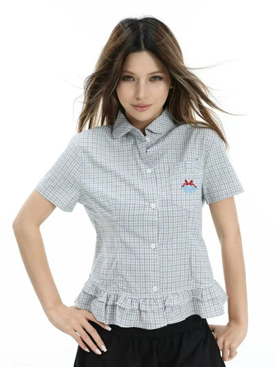 Checkered Ruffles End Shirt Korean Street Fashion Shirt By INS Korea Shop Online at OH Vault
