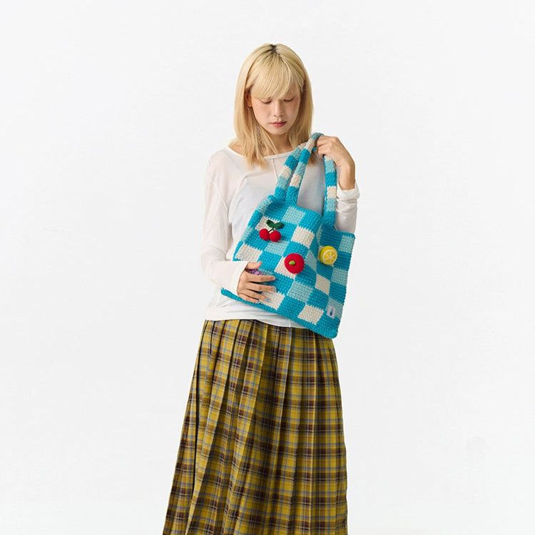 Fruits Checkered Knit Bag Korean Street Fashion Bag By Crying Center Shop Online at OH Vault