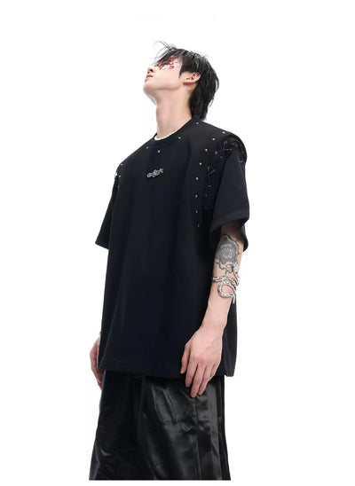 Spliced & Beaded Sleeve T-Shirt Korean Street Fashion T-Shirt By Argue Culture Shop Online at OH Vault