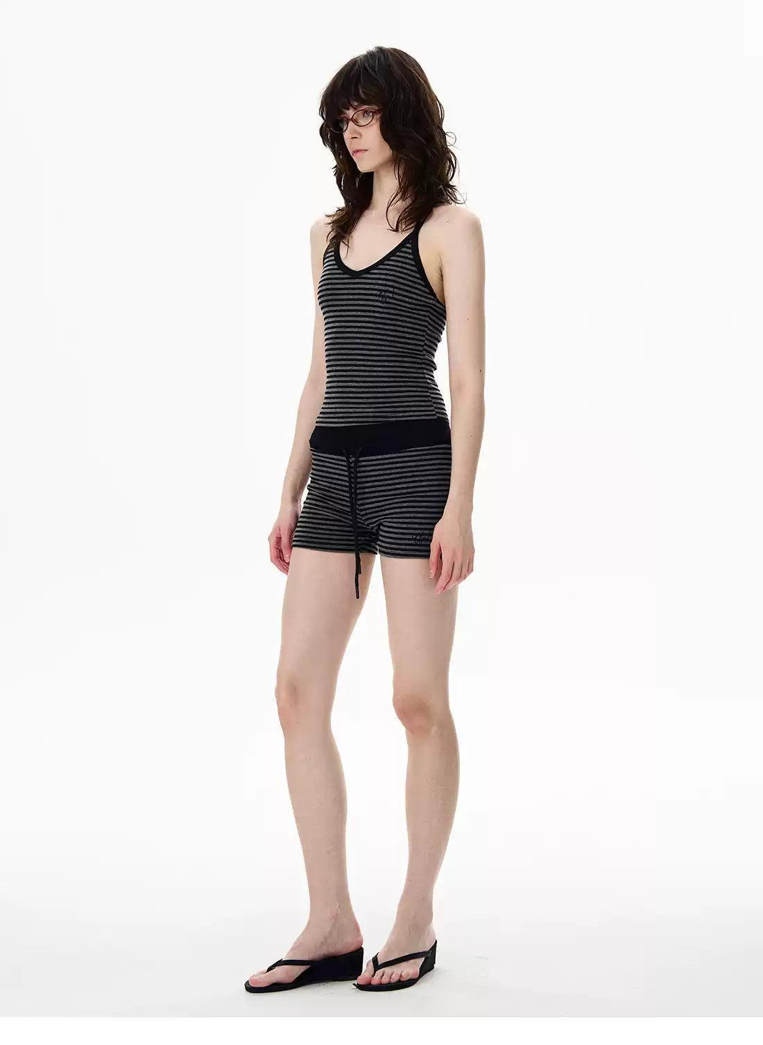Striped Slim Camisole & Drawstring Shorts Set Korean Street Fashion Clothing Set By 77Flight Shop Online at OH Vault
