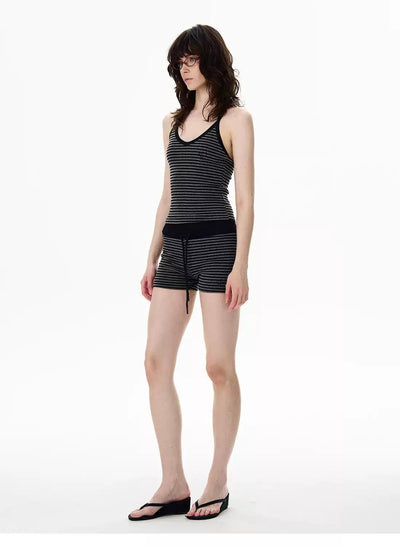 Striped Slim Camisole & Drawstring Shorts Set Korean Street Fashion Clothing Set By 77Flight Shop Online at OH Vault