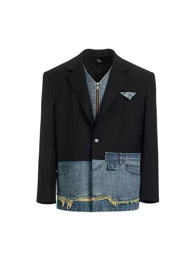 Chic Denim Layered Detail Blazer Korean Street Fashion Blazer By Slim Black Shop Online at OH Vault