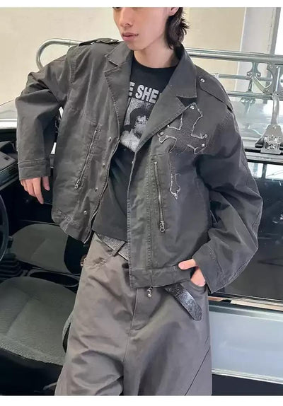 Cross Patched Distressed Denim Jacket Korean Street Fashion Jacket By Pioneer of Heroism Shop Online at OH Vault