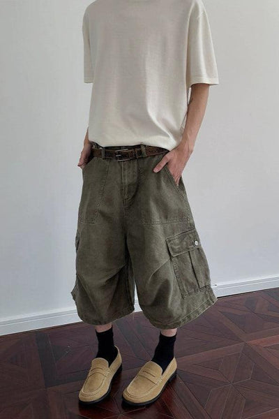 Washed Wide Cargo Denim Shorts Korean Street Fashion Shorts By A PUEE Shop Online at OH Vault