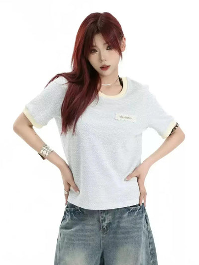 Metallic Logo Tweed Round Neck T-Shirt Korean Street Fashion T-Shirt By INS Korea Shop Online at OH Vault