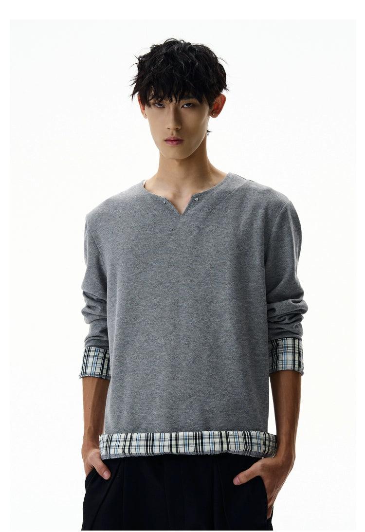 Plaid Spliced Long Sleeves T-Shirt Korean Street Fashion T-Shirt By A PUEE Shop Online at OH Vault