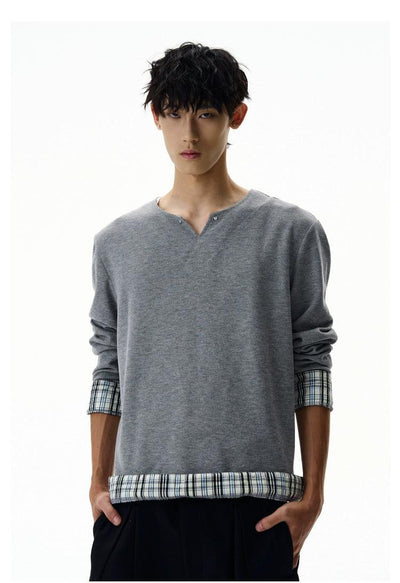 Plaid Spliced Long Sleeves T-Shirt Korean Street Fashion T-Shirt By A PUEE Shop Online at OH Vault