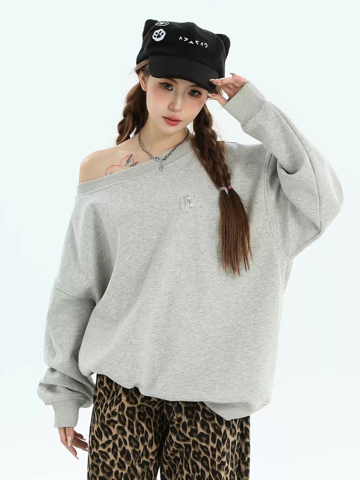 Side Off Shoulder Crewneck Korean Street Fashion Crewneck By INS Korea Shop Online at OH Vault