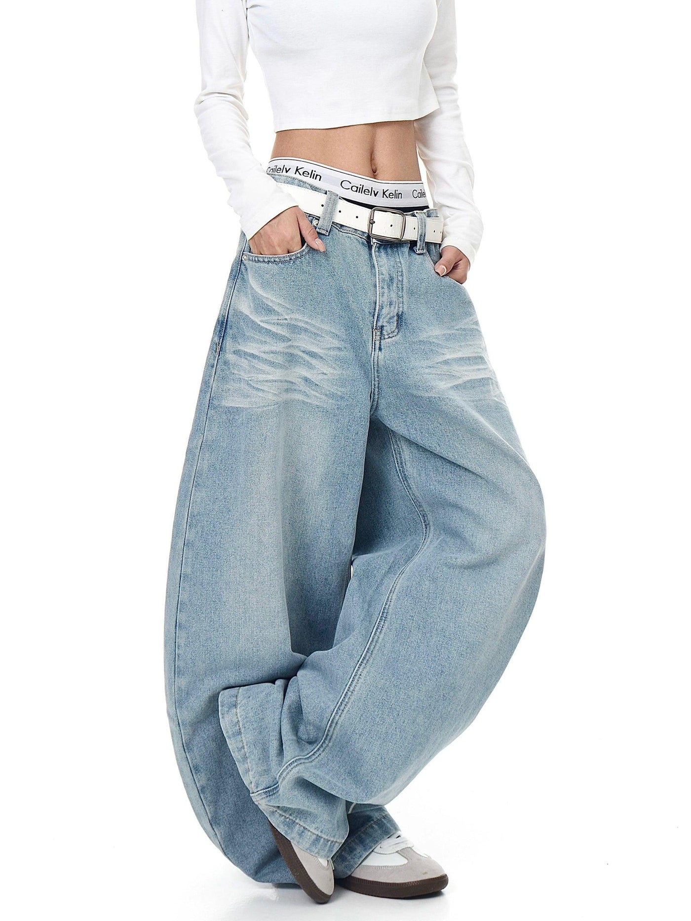 Cursive Print Faded Whiskers Wide Jeans Korean Street Fashion Jeans By Blacklists Shop Online at OH Vault