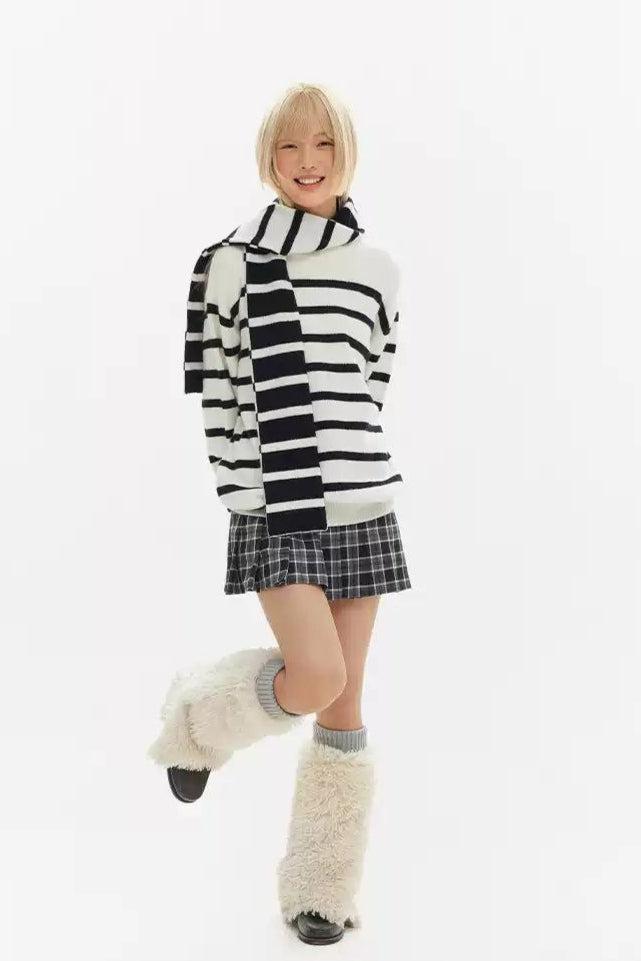 Black and White Stripes Scarf Sweater Korean Street Fashion Sweater By Crying Center Shop Online at OH Vault