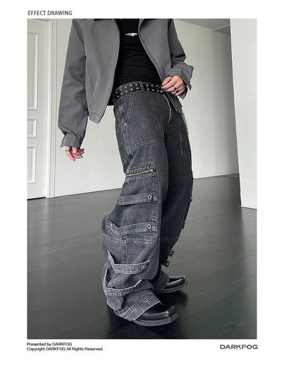 Washed Strap Detail Cargo Jeans Korean Street Fashion Jeans By Dark Fog Shop Online at OH Vault