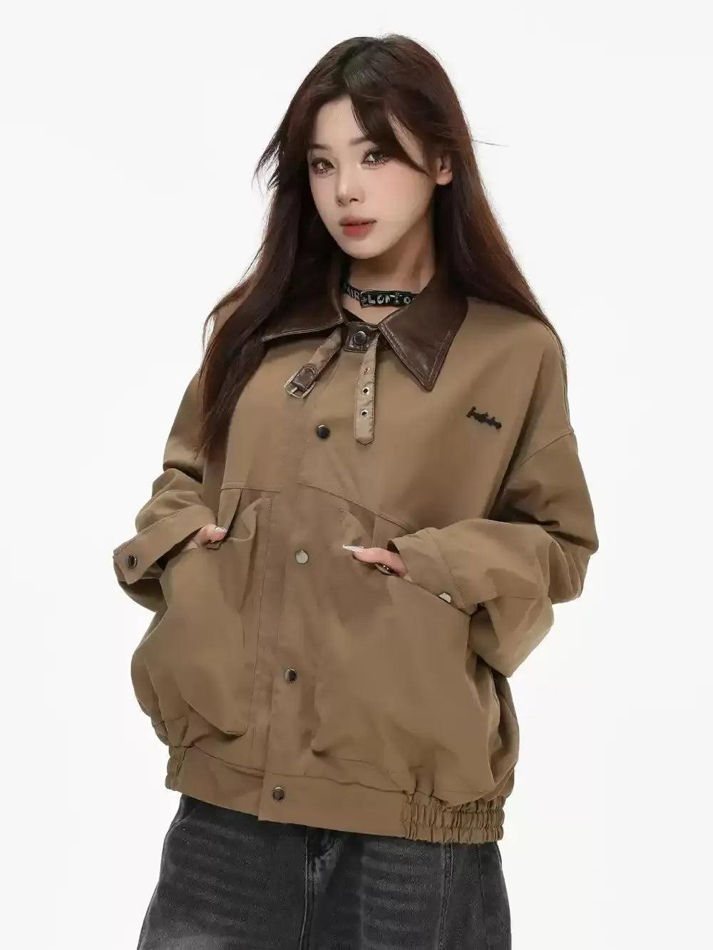 Ruched Hem PU Leather Collar Jacket Korean Street Fashion Jacket By INS Korea Shop Online at OH Vault