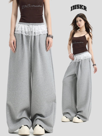 Drawcord Lace Detail Sweatpants Korean Street Fashion Pants By INS Korea Shop Online at OH Vault