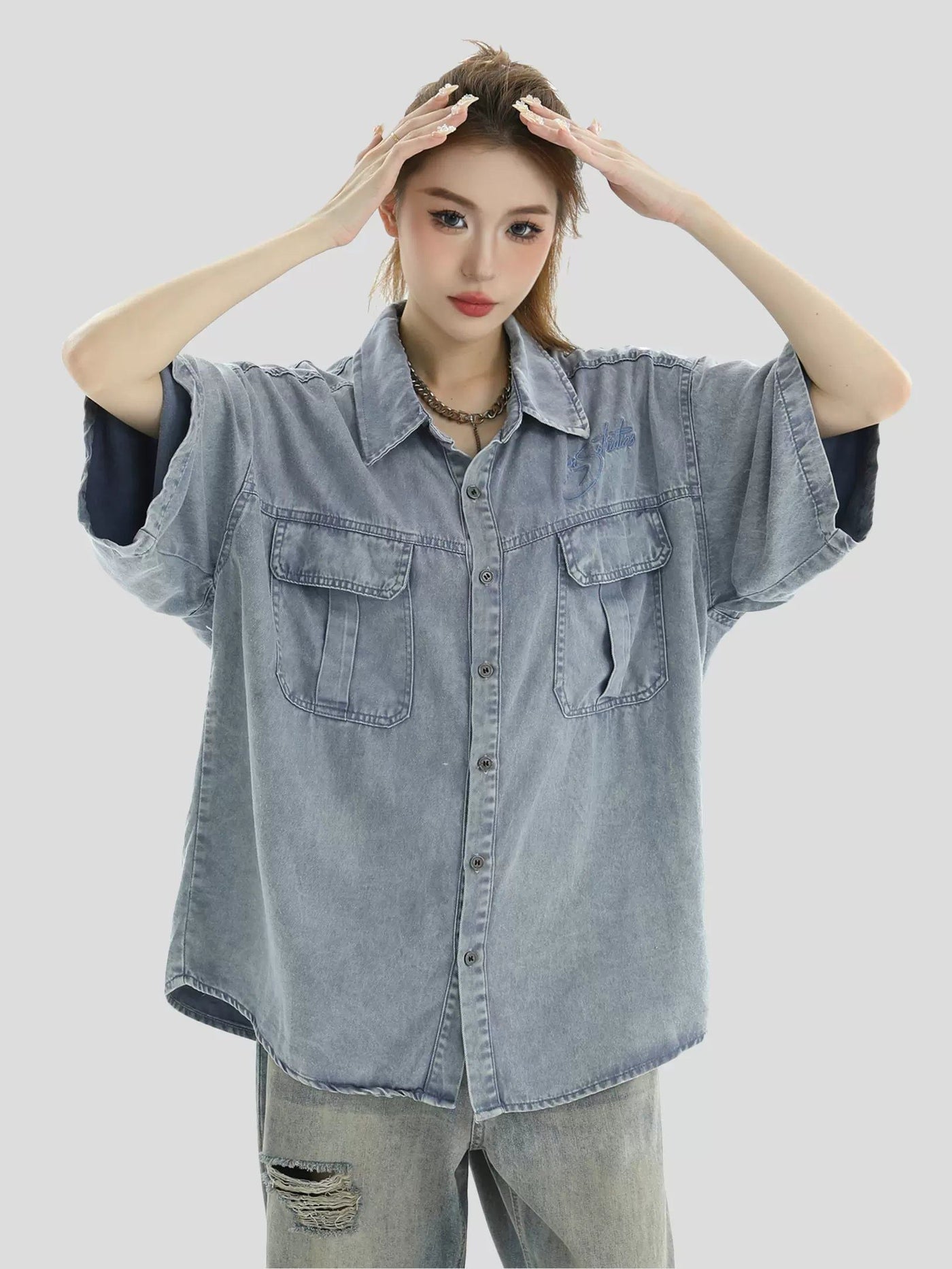 Loose Fit Denim Shirt Korean Street Fashion Shirt By INS Korea Shop Online at OH Vault