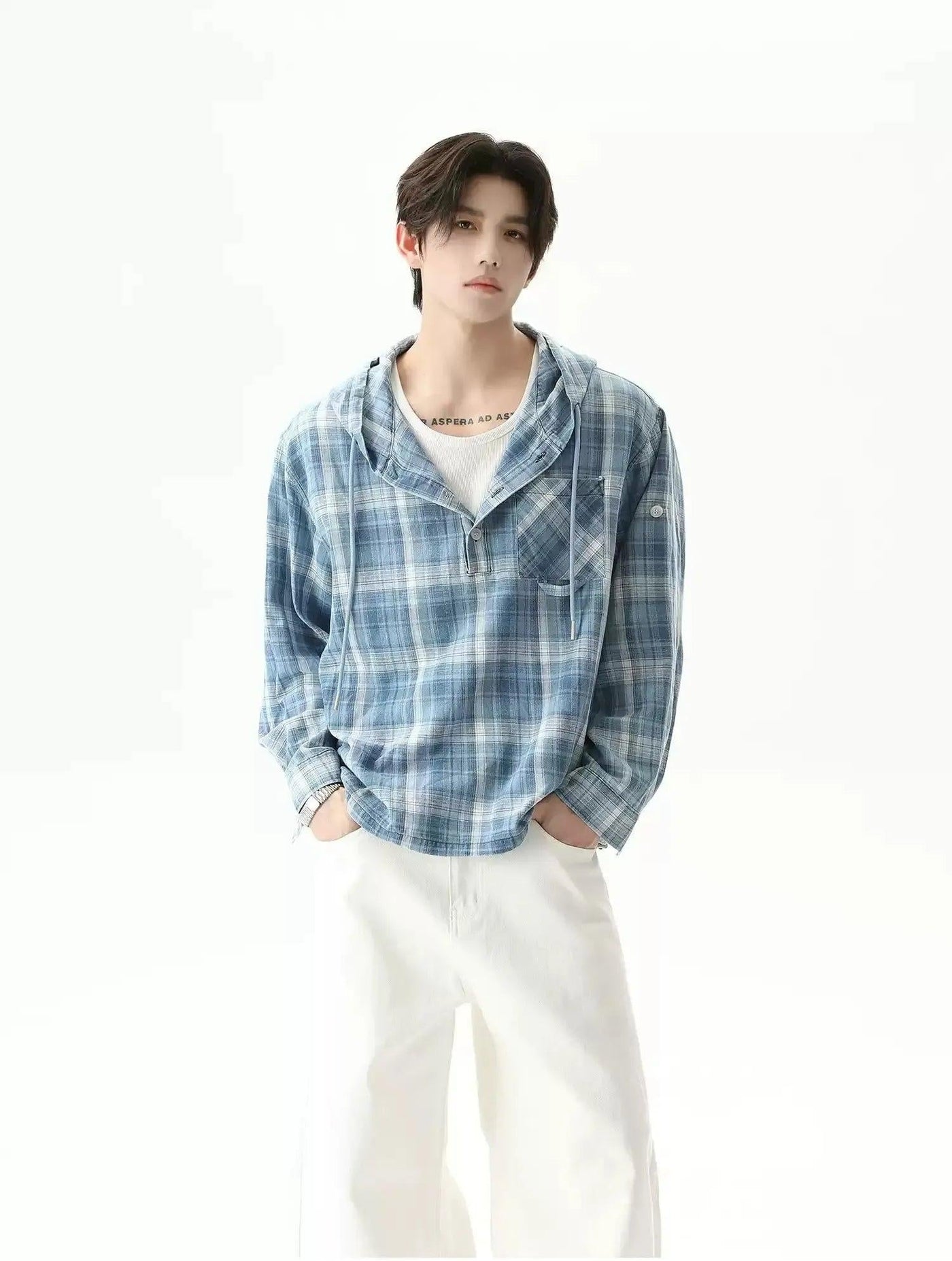 Drawstring Plaid Half-Buttoned Hooded Shirt Korean Street Fashion Shirt By Turn Tide Shop Online at OH Vault