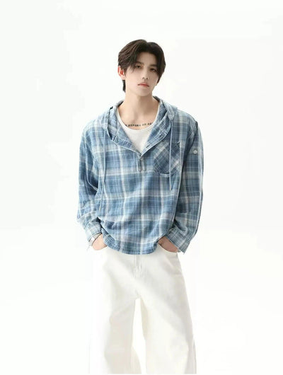 Drawstring Plaid Half-Buttoned Hooded Shirt Korean Street Fashion Shirt By Turn Tide Shop Online at OH Vault