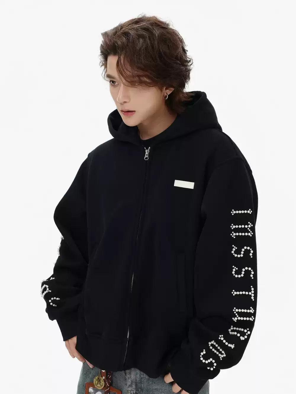 Pearled Logo Zip-Up Hoodie Korean Street Fashion Hoodie By INS Korea Shop Online at OH Vault