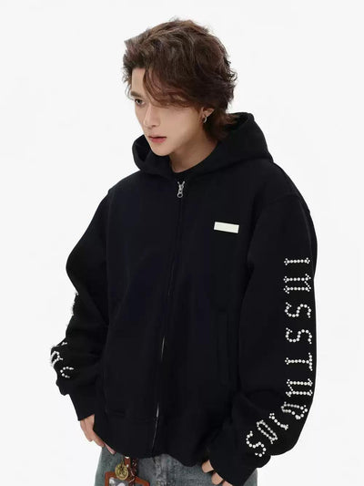 Pearled Logo Zip-Up Hoodie Korean Street Fashion Hoodie By INS Korea Shop Online at OH Vault