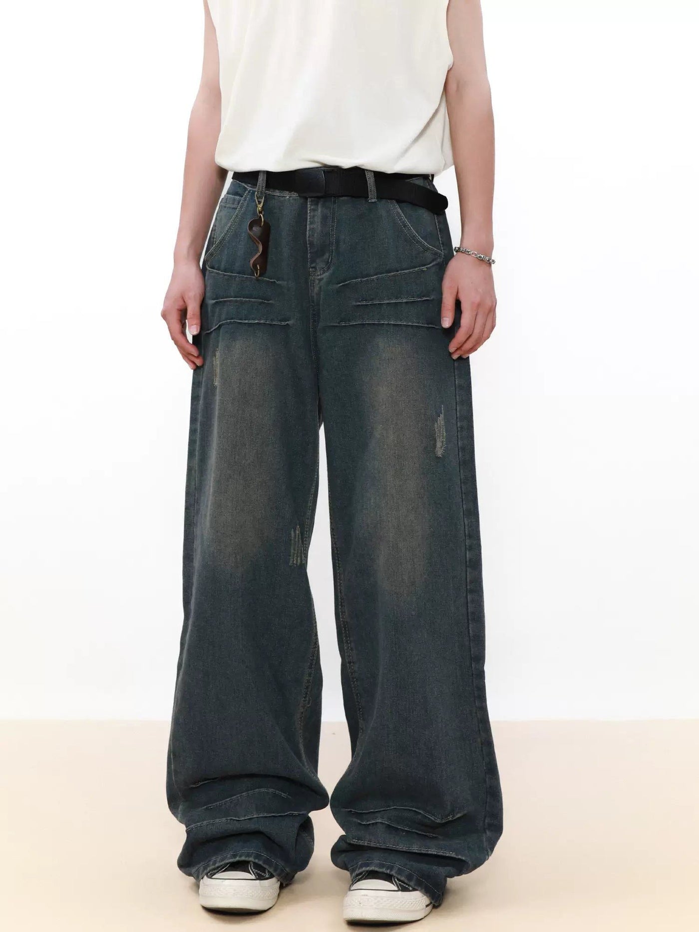 Minimal Distressed Detail Faded Jeans Korean Street Fashion Jeans By Mr Nearly Shop Online at OH Vault