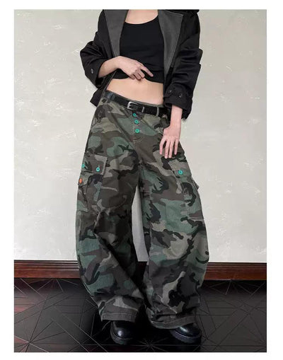 Contrast Button-Down Camo Cargo Pants Korean Street Fashion Pants By A PUEE Shop Online at OH Vault