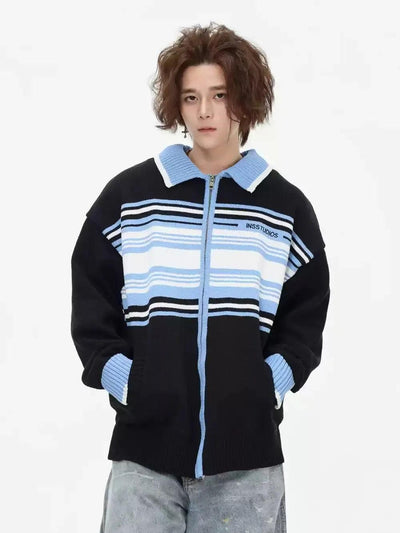 Striped Colors Zipped Sweater Korean Street Fashion Sweater By INS Korea Shop Online at OH Vault