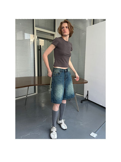 Thigh Faded Denim Shorts Korean Street Fashion Shorts By UMAMIISM Shop Online at OH Vault