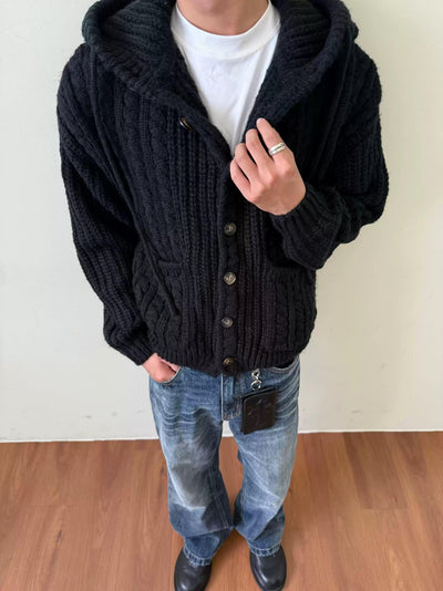 Twisted Knit Hooded Buttoned Sweater Korean Street Fashion Hoodie By Made Extreme Shop Online at OH Vault
