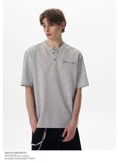 Zip pocket Henley Collar T-Shirt Korean Street Fashion T-Shirt By MaxDstr Shop Online at OH Vault