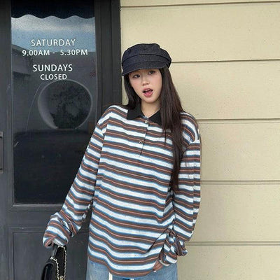 Striped Pattern Long Sleeve Polo Korean Street Fashion Polo By Jump Next Shop Online at OH Vault