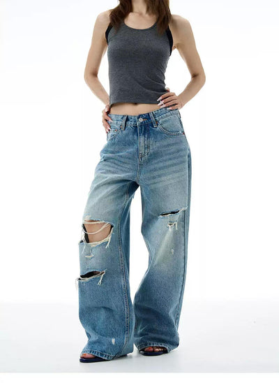Ripped Lines Light Fade Jeans Korean Street Fashion Jeans By 77Flight Shop Online at OH Vault