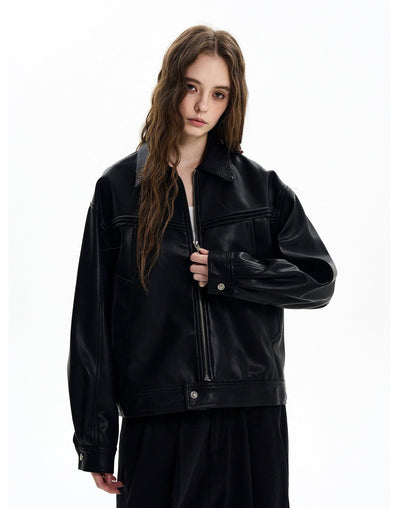 Embossed Collar PU Leather Jacket Korean Street Fashion Jacket By MaxDstr Shop Online at OH Vault