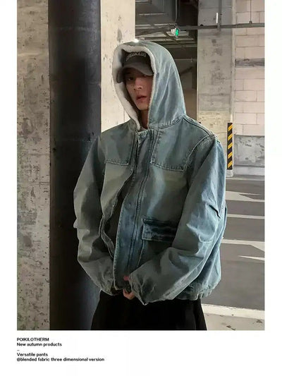 Faded Plushy Hooded Denim Jacket Korean Street Fashion Jacket By Poikilotherm Shop Online at OH Vault