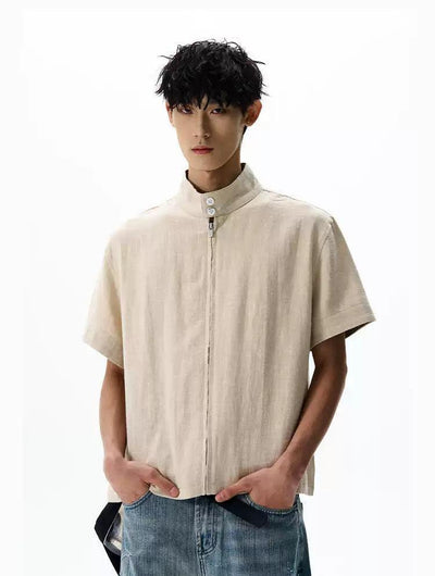 Stand Collar Boxy Zipped Shirt Korean Street Fashion Shirt By A PUEE Shop Online at OH Vault
