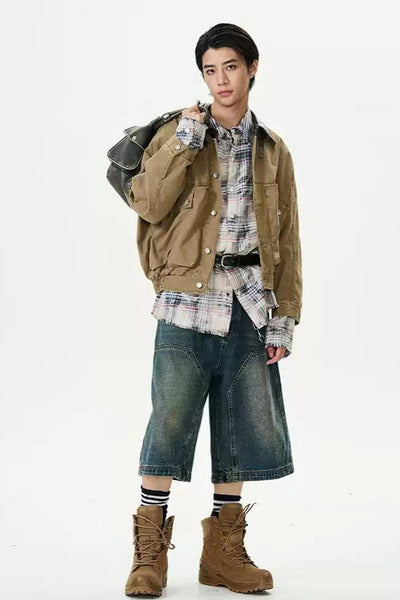 Multi-Pocket Washed Denim Jacket Korean Street Fashion Jacket By 77Flight Shop Online at OH Vault