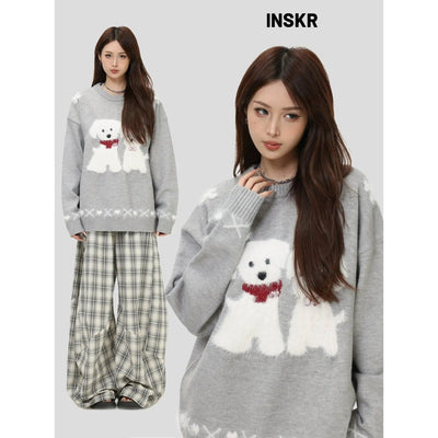 Dog Graphic Fuzzy Sweater Korean Street Fashion Sweater By INS Korea Shop Online at OH Vault
